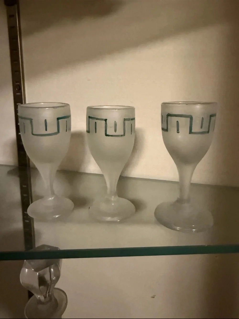 Vintage Frosted Glass Decanter Set Greek Key Tray & 3 Cordial Glasses MCM